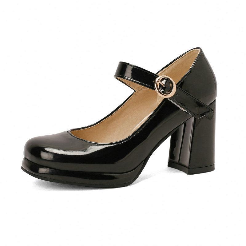 Patent leather Mary Jane women's single shoes spring and autumn new round head thick heel super high heel one-word buckle belt women's single shoes