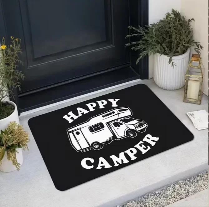 VIKAMA Happy Camping Welcome Doormat Retro Car Pine Tree Pattern Indoor Outdoor Rug Non-Slip Floor Mat Forest Theme Decor Carpet