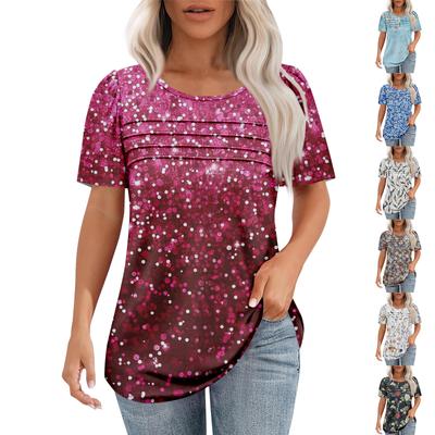 Ladies' Fashionable Printed Round Neck Pleated Short Sleeved Shirt