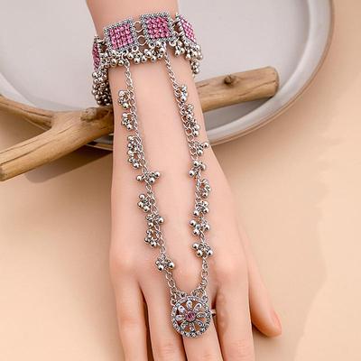Bohemian Retro Ethnic Geometric Square Bracelet with Tassel, Pearl, and Diamond-Inlaid Ring for Women