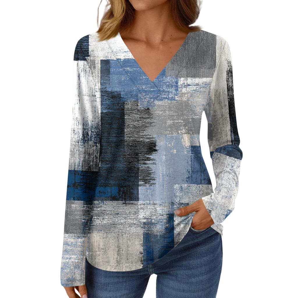 Women's Casual Fashion Brushed Retro Floral Print Long Sleeve V-Neck Top T-Shirt