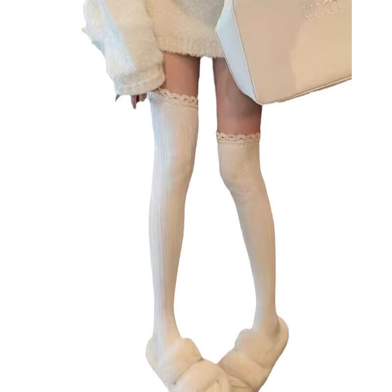 Women's Autumn/Winter Lace Patchwork Thigh-High Socks - Slimming, Solid Color & Vertical Stripes