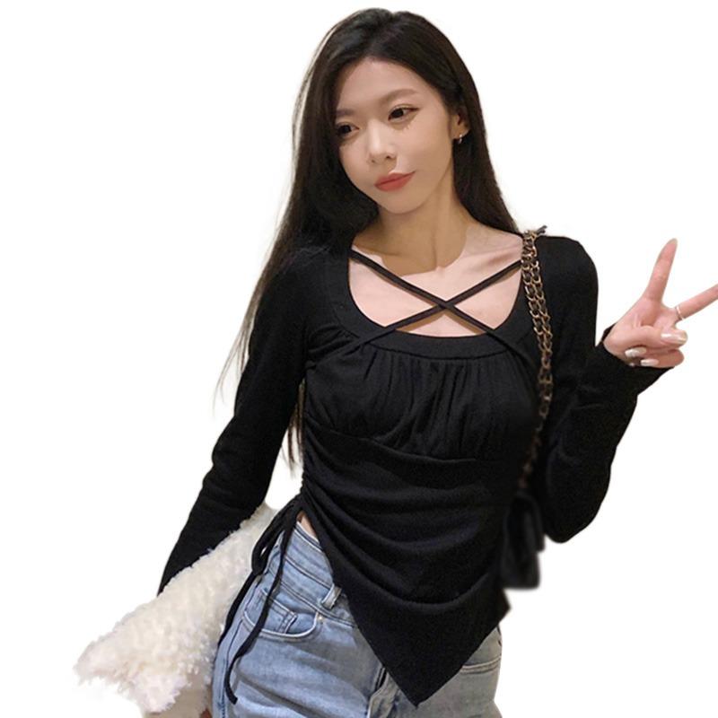 

Women s T-Shirt Irregular Drawstring Slim Sweet Casual Square Neck One Size