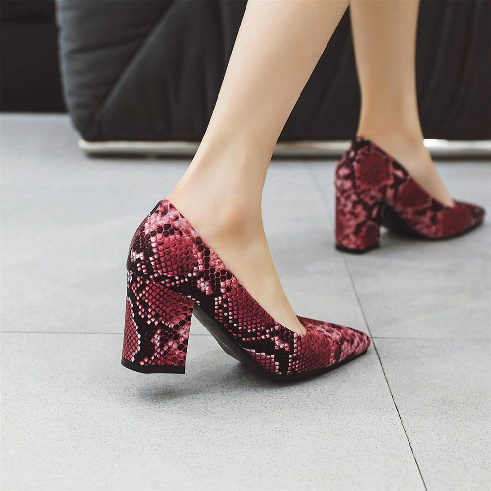 Fashion 2025 Spring Shoes Woman Pumps 7CM Snake Print High Heels Pointed Toe Split Leather Beige White Red Blue Shoes Square Heels Women