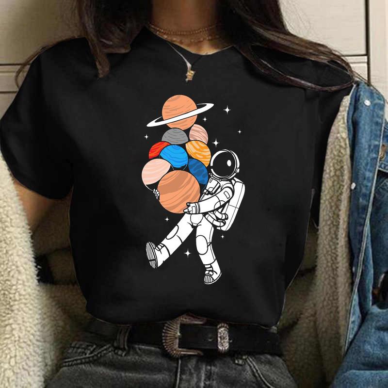 Harajuku Funny Aesthetic T-shirt Women New Summer Fashion Cartoon Astronaut Print Universe Space