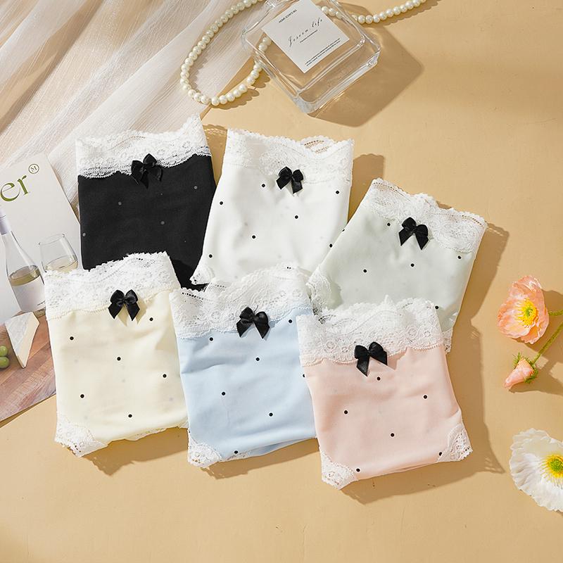 4PCS Women's Lace Panties M-XL Thin Sexy Ice Silk Briefs Dots Breathable Underwear Female Soft Intimates