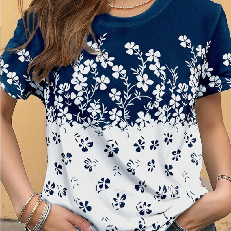 

Женская летняя футболка Цветочный Ретро Мода Футболки с коротким рукавом Повседневные Принтованные Топы 8XL темно-синий
