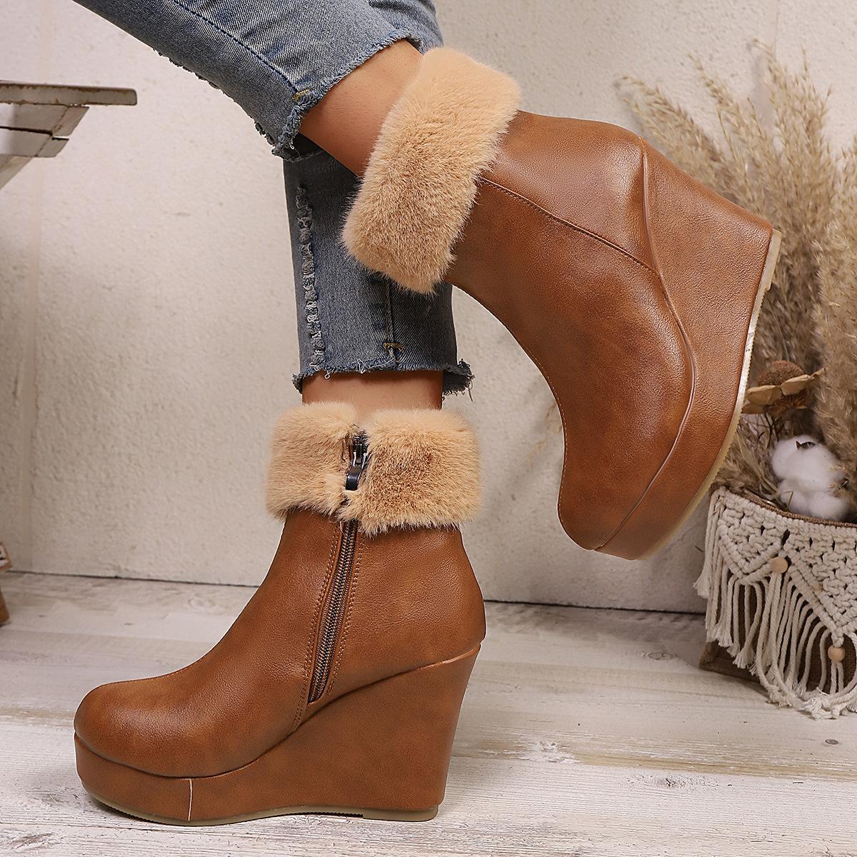 

Women s Fashionable Fuzzy-Trimmed Winter Boots with Soft Soles Warm Fleece-Lined Snow Boots Non-Slip Casual Sports Boots 43 коричневый