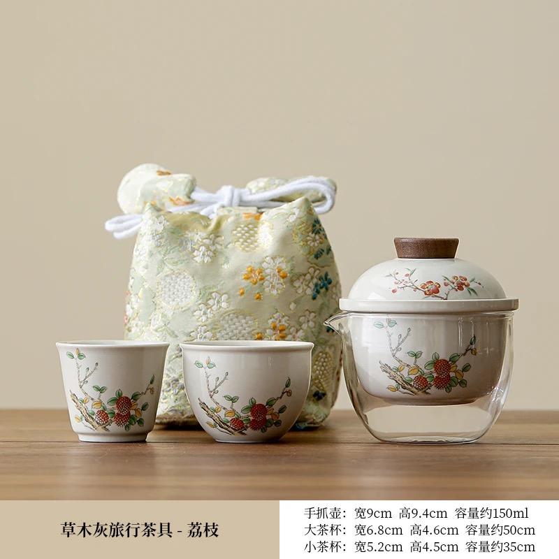 1 Teapot, 2 Cups Ceramic Travel Tea Set Outdoor Hiking Camping Portable Tea Set Includes Cloth Pouch Hydrangea Kung Fu Tea Set
