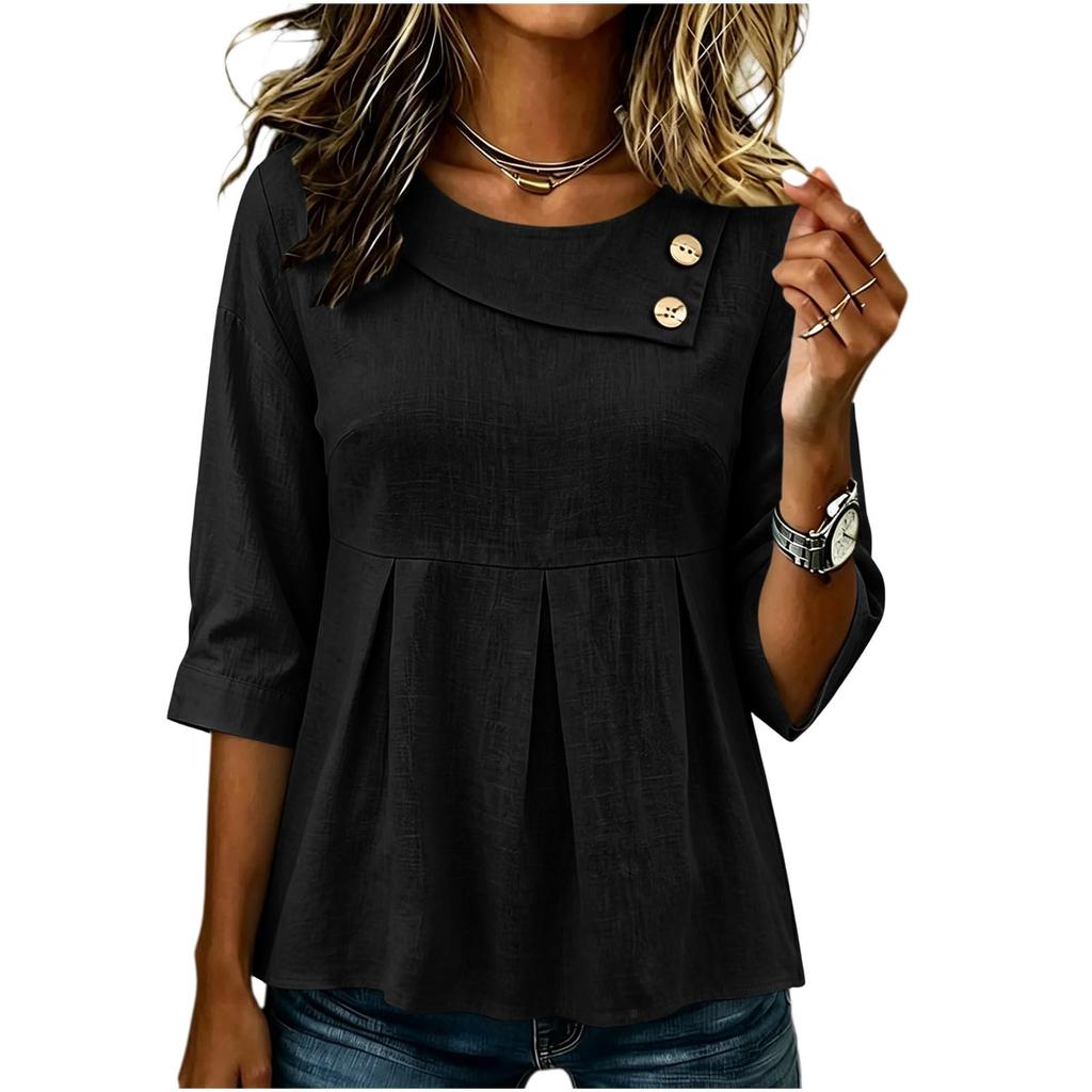 Women's Color Casual Button Down Long Sleeve Blouse with Round Neck