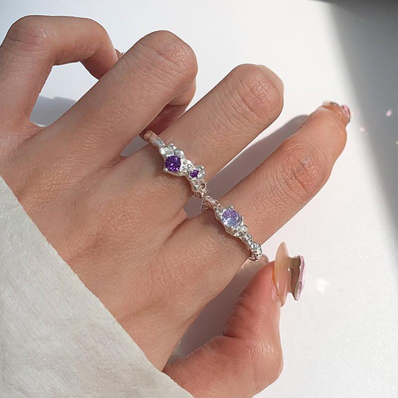 S925 Silver Adjustable Geometric Purple Ring For Women Chic Fashion Vintage