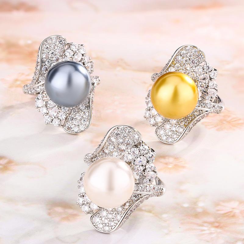New Pearl Ring Gold Bead White Gray Open Mouth Style Fashionable Retro Women's Accessories