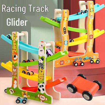 Wooden Inertial Glider Car Track & Parking Lot Puzzle Toy for Ages 3+
