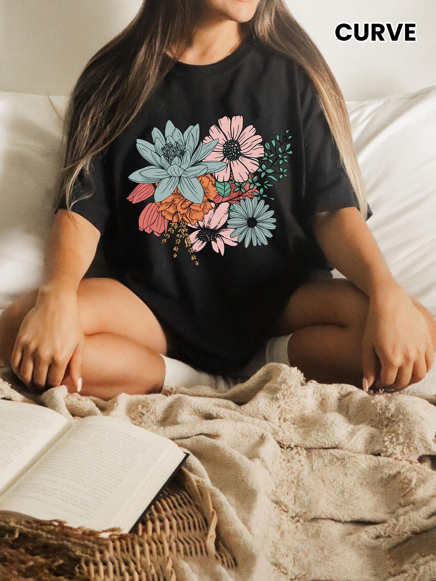 

Plus Size Casual T-shirt, Women s Plus Floral Print Short Sleeve Round Neck Slight Stretch T-shirt S разноцветный