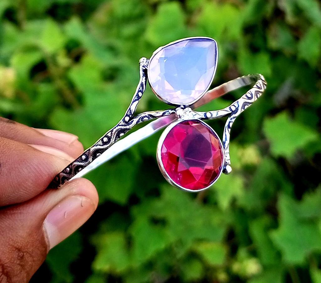 Faceted Glass Gemstone 925 Sterling Silver Plated Adjustable Unisex Cuff Bangle/Bracelet Jewelry