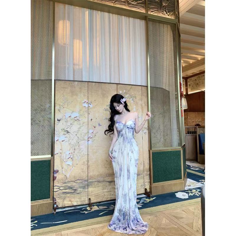 Pure and sensual purple tie-dye floral spaghetti strap dress, women's mesh long dress, seaside vacation style