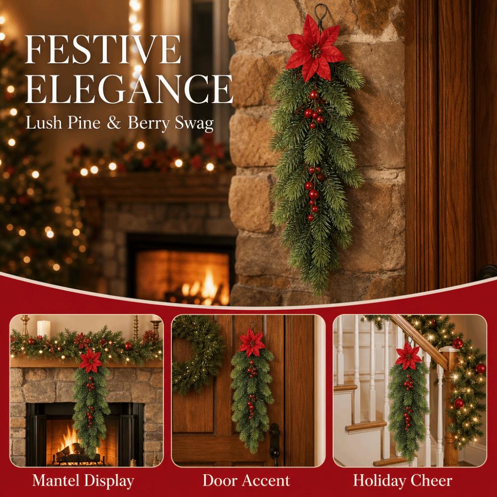 1 pc Plastic Artificial Pine Hanging Spray Realistic Red Berries Teardrop Swag  Front Door