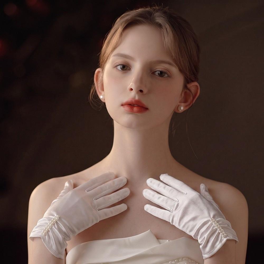 Ruched Cuff Full Finger Gloves Satin Material Wedding Accessories Gloves Wedding Dress Use