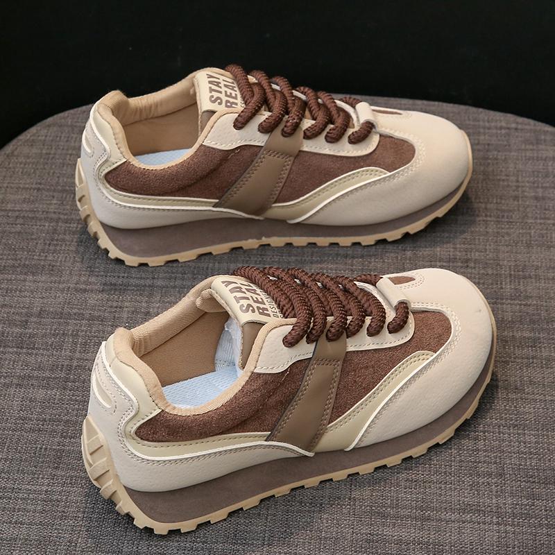 Fashion Casual Sneakers Women Suede Leather Patchwork Mixed Colors Lace Up Round Toe Platform Shoes Lady Flats