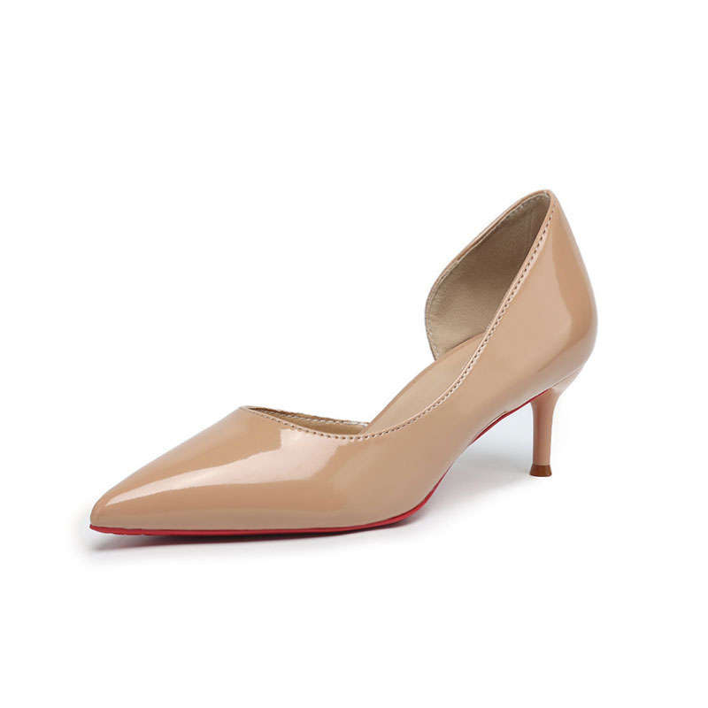 Stylish Black High Heels, Thin Heels, Side Empty Pointed Head, Shallow Mouth Dress, Simple and Versatile Patent Leather, Spring and Summer Red-soled