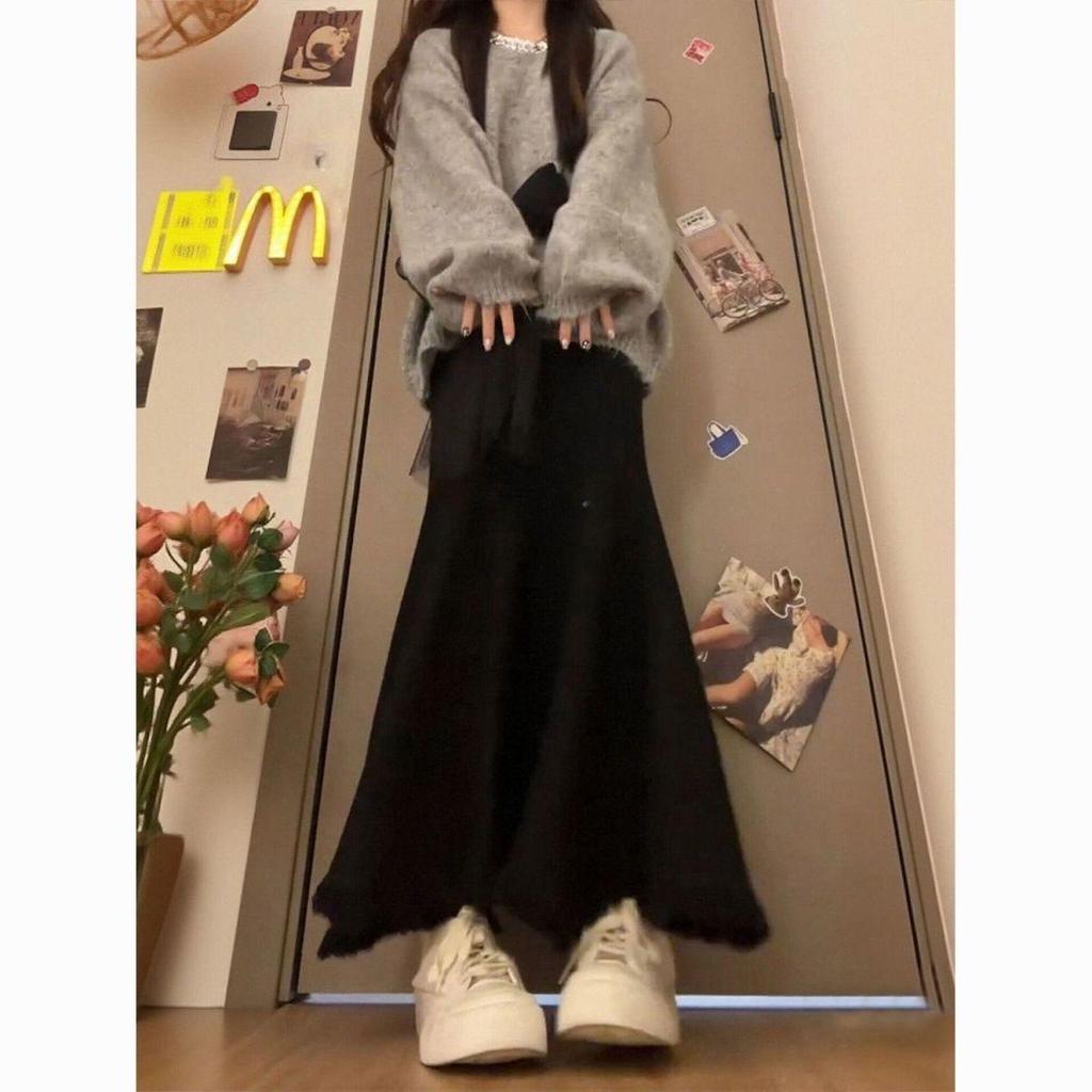 Korean Style Autumn & Winter Bow Tie Sweater and Fringe Skirt Two-Piece Set for Women