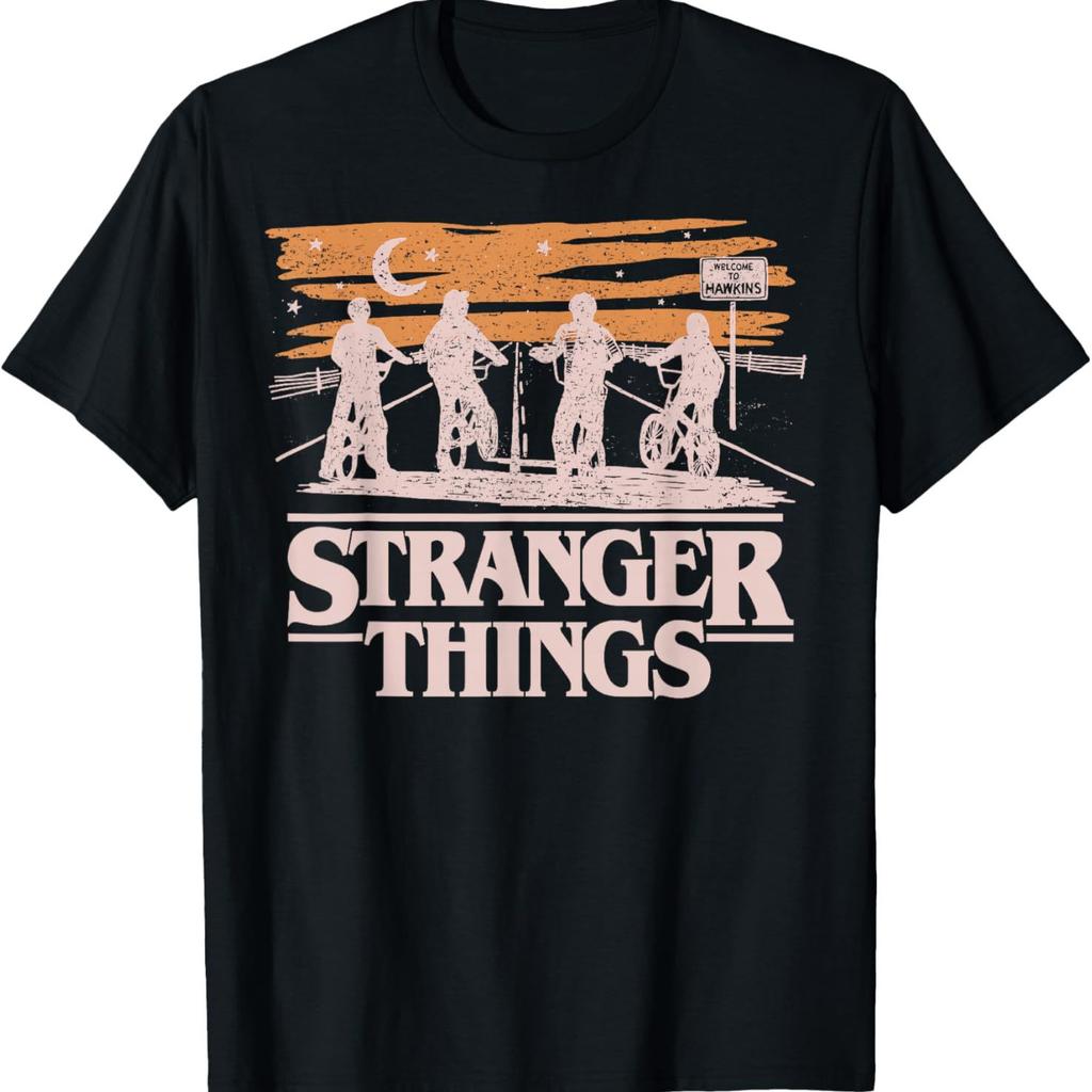 Stranger Things Nacht Silhouette Print T-Shirt, Retro Street Style Damen Reines Baumwoll Rundhals Freizeit Oberteil