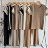 2025 New Pleated Color Matching Loose Fashion Casual T-shirt Long Wide Leg Pants Knitted Suit