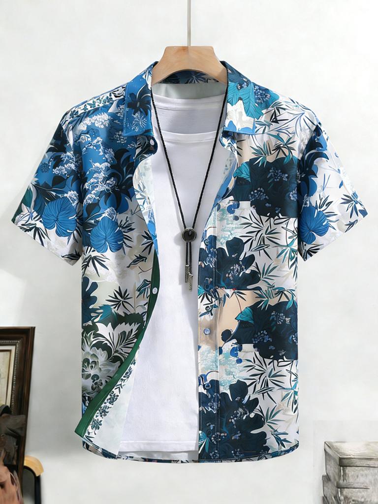 Herren Einfaches Freizeit-Kurzarmhemd Buntes Pflanzen-High-Definition-Druckhemd Atmungsaktives Hawaiianisches Outdoor-Herrenbekleidung
