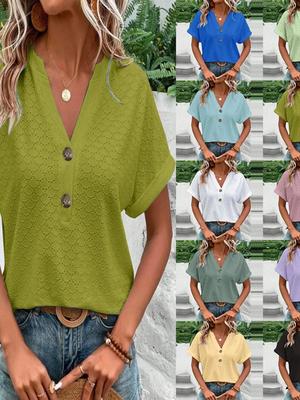 2025 Frühling/Sommer Neue Damenmode Lässiges Einfarbiges T-Shirt mit Knöpfen und V-Ausschnitt für Damen