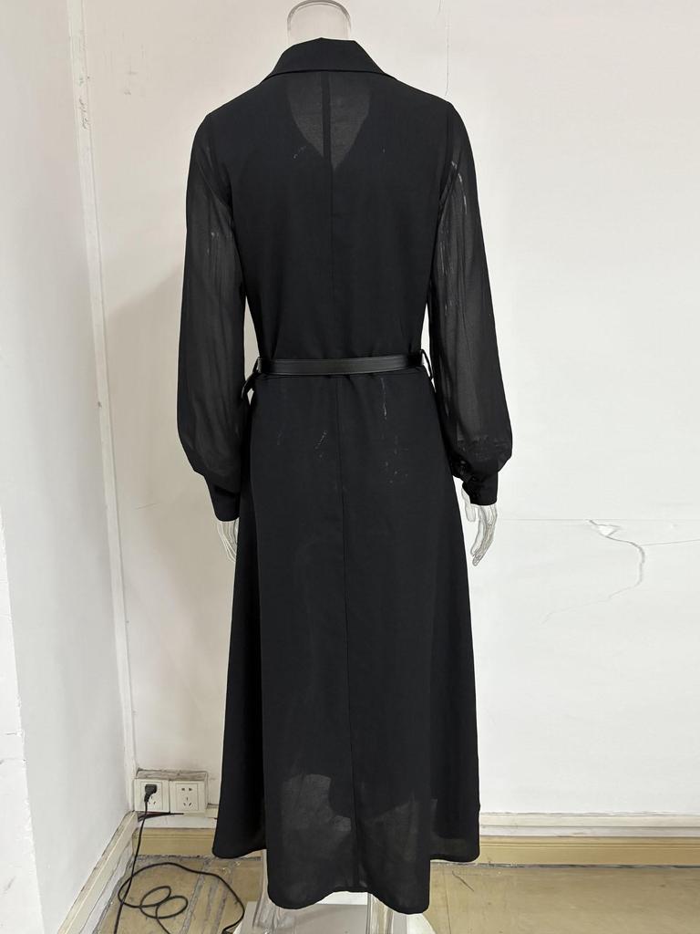 French Elegant Black Mesh Long Sleeve Waist-Cinching Slim Dress for Women
