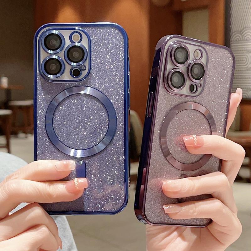 Husă de telefon de lux Electroplate Magsafe cu încărcare fără fir pentru iPhone 16 15 13 12 11 Pro Max 14 Plus Husă moale cu sclipici