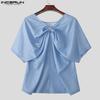 INCERUN Summer Men Short Sleeve Striped Back Bow Knot Ruffled Party T-shirts