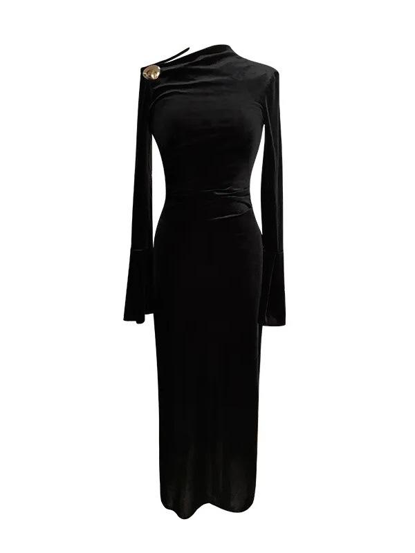 Elegant French Hepburn-Style Black Gold Velvet Dress for Women