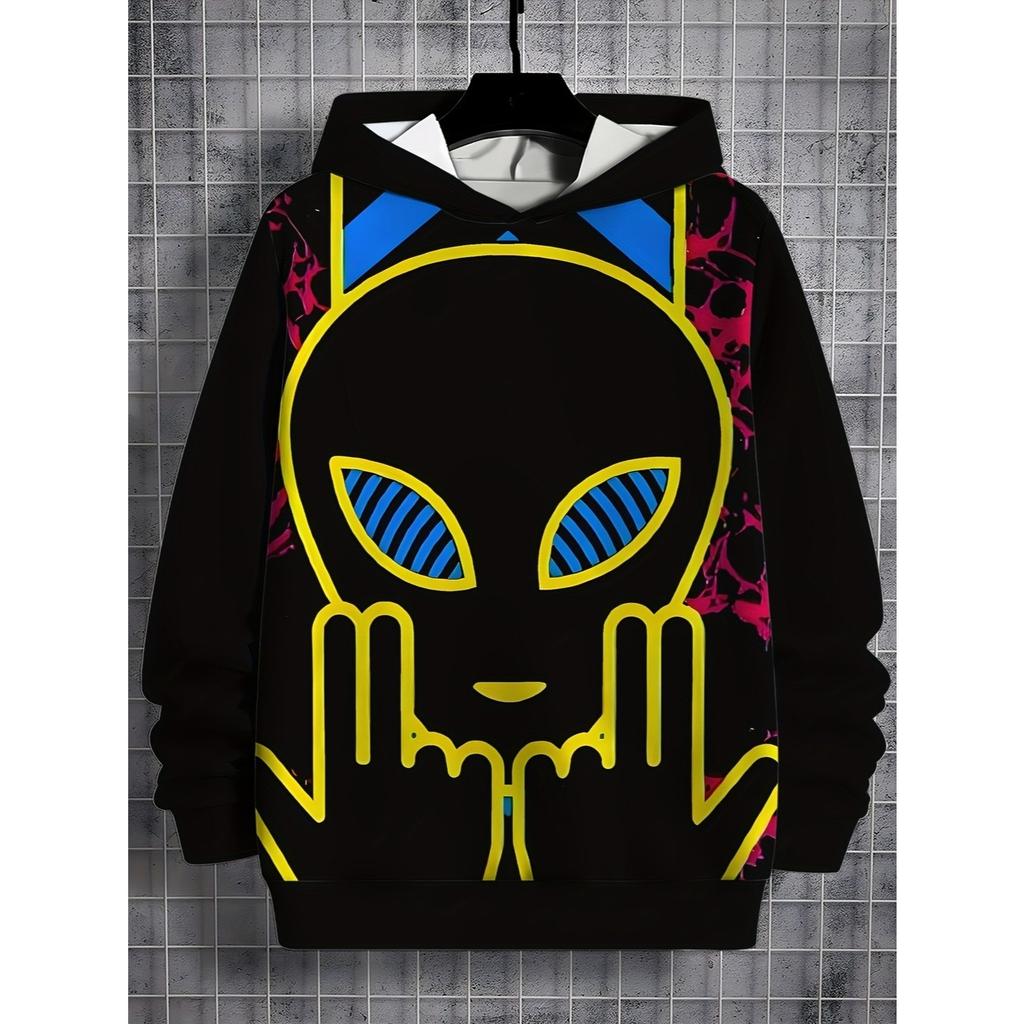 Boy's 3D Digital Printed Cat Tongue Pattern Hoodie - Black Casual Hoodie, Soft Machine Washable Fabric