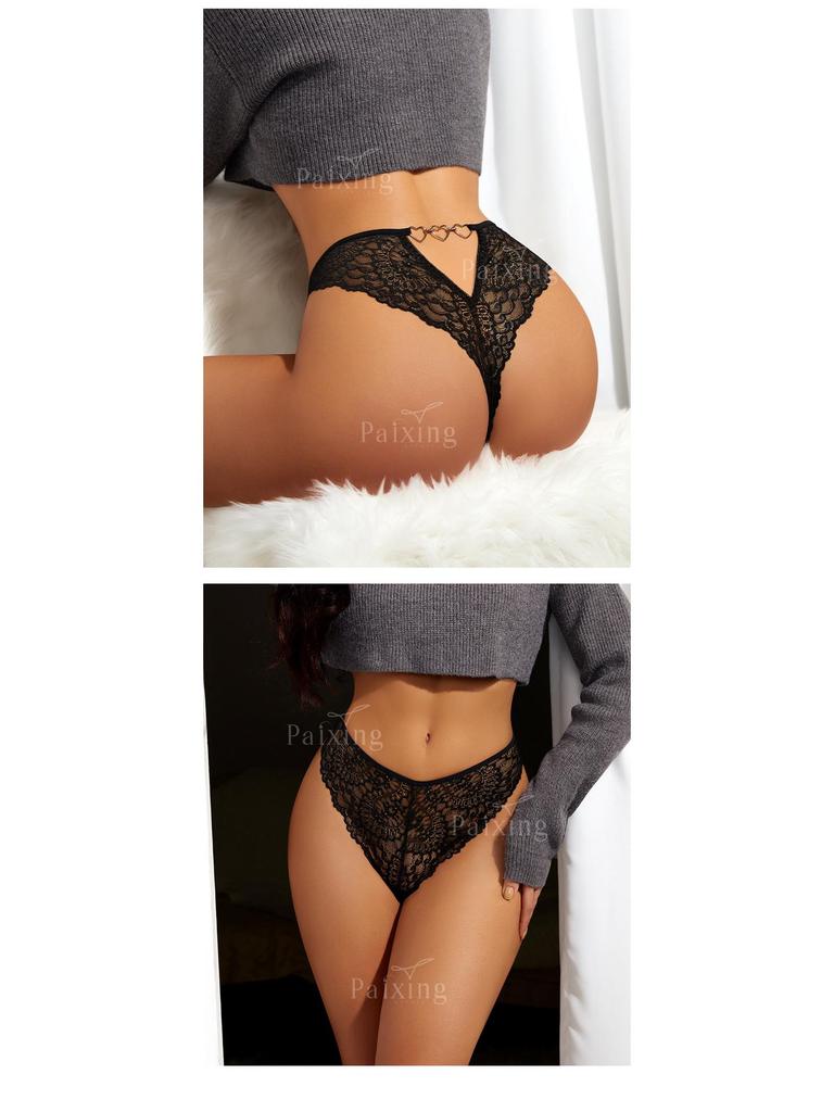 Černé krajkové kalhotky T-string se středním pasem a pohodlným výkrojem - Sexy dámské spodní prádlo plus size