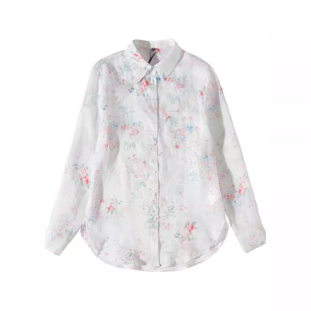 2020 Spring/Summer Artistic Floral Ramie Long Sleeve Top for Women