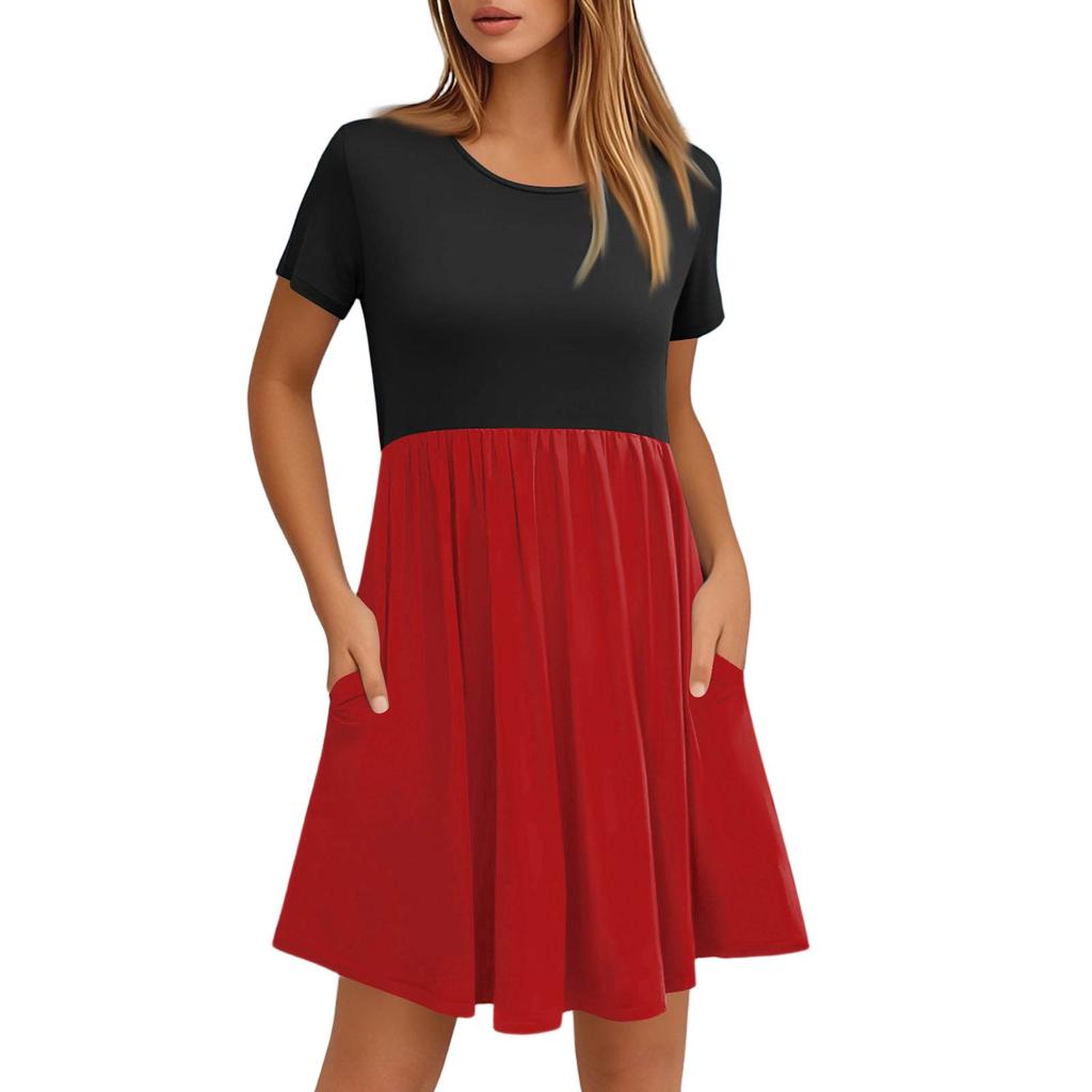 Women's Fashion Casual Loose Round Neck Short Sleeve Colour Block Pocket Dresses