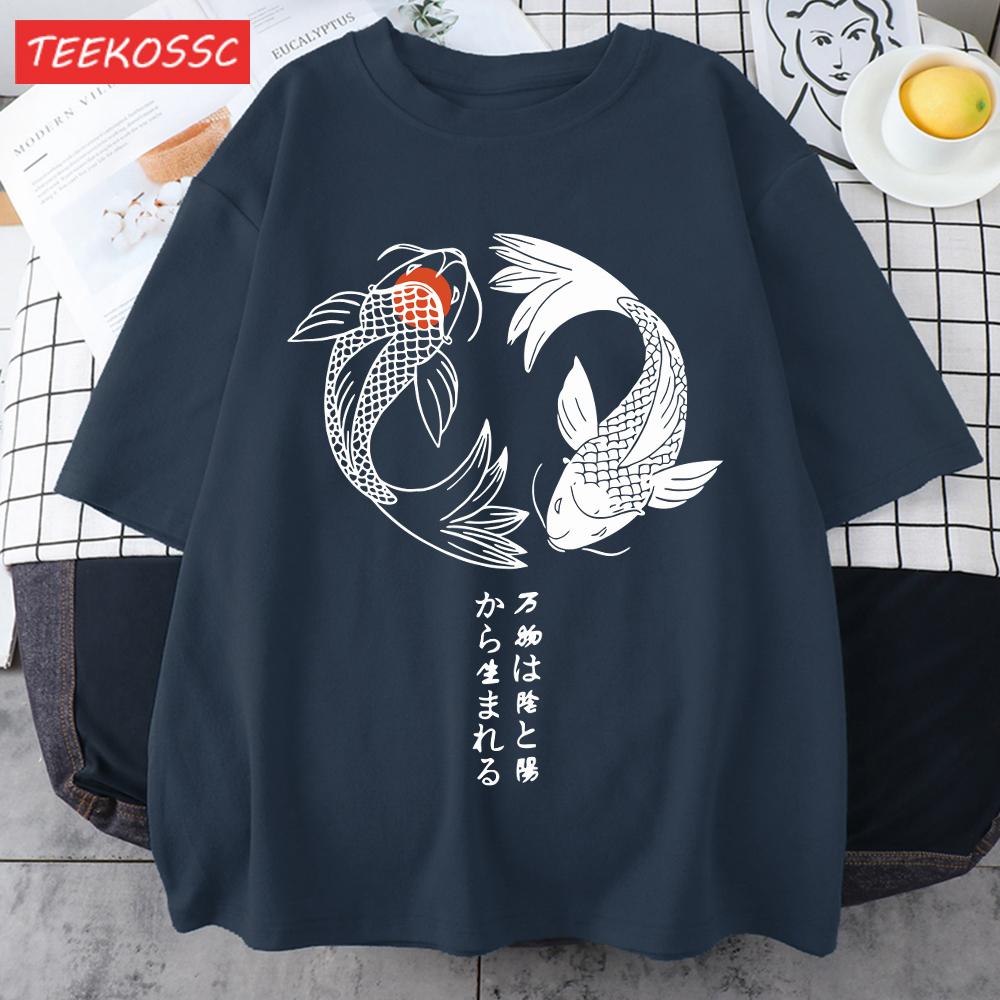 Two Koi Fish Swimming In Waterprint Men TShirts Cotton AllMatch T Shirt Comfortable Crewneck Tops Loose Unisex Summer Clothes