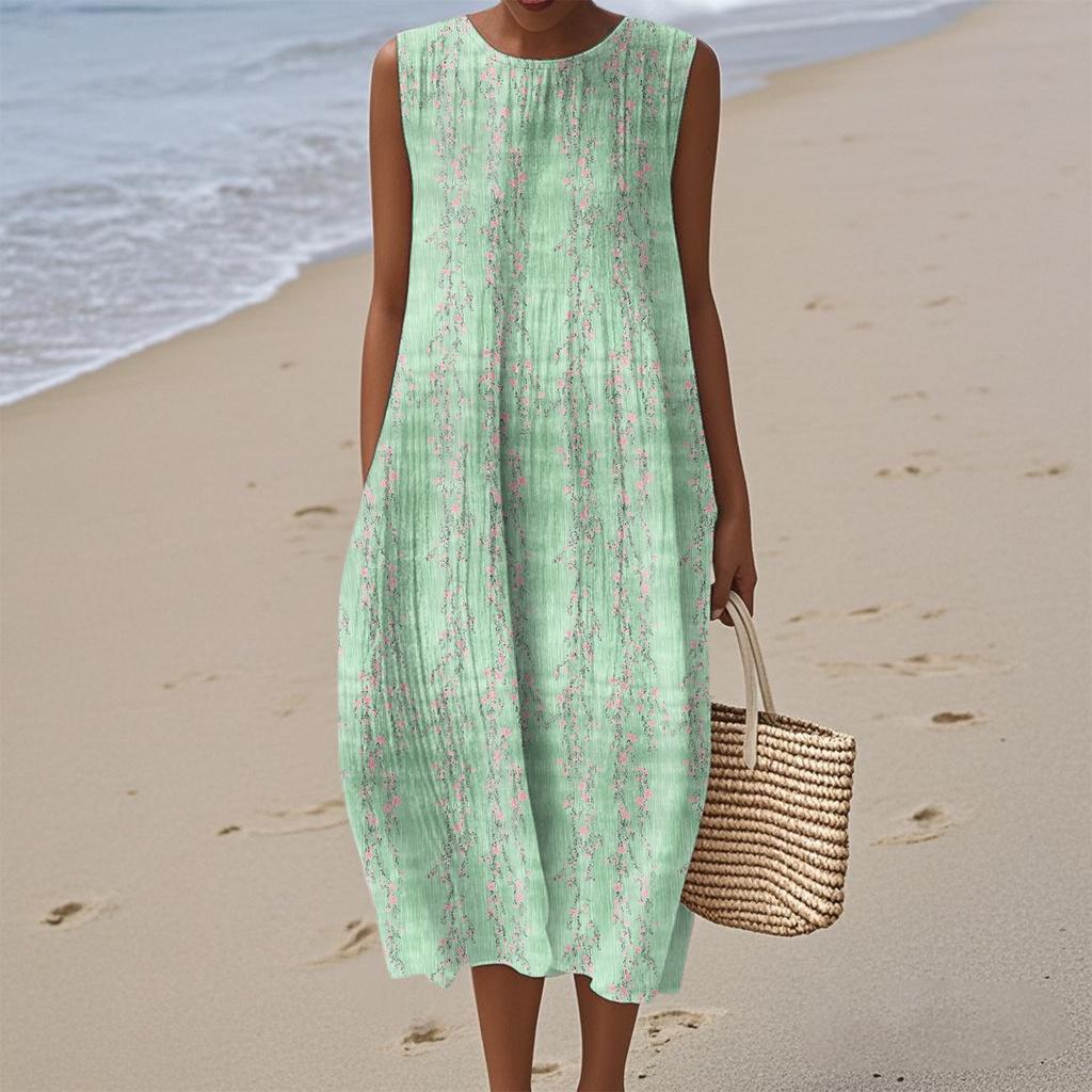 Rochie de damă la modă, casual, fără mâneci, cu gât rotund, florală, elegantă, cu temperament