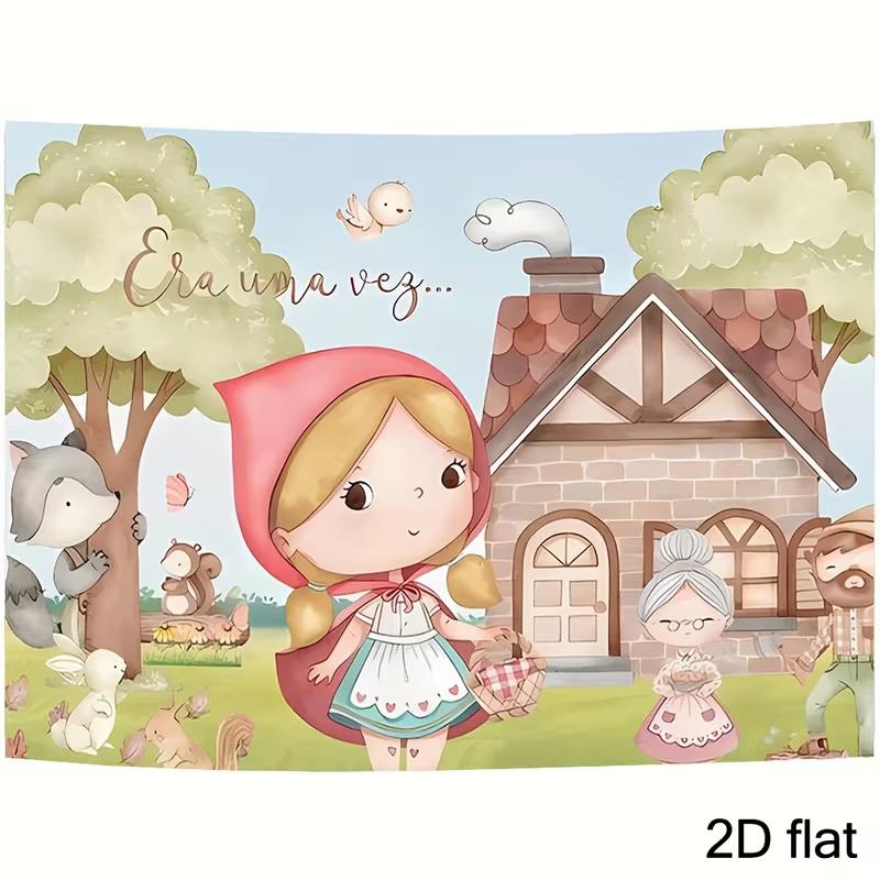 2D Watercolor Red Riding Hood Backdrop, Cute Wolf & Grandma Banner