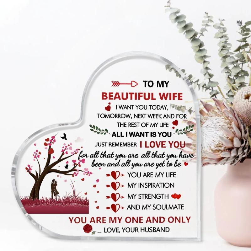 2D Flat Wife Gifts Acrylic Heart Keepsake Desktop Decorative Plaque, Home Decor Plaque Hanging Wall Art Decorative Garden Decoration for Room Door Sig