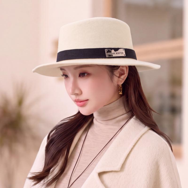 Autumn and winter new wool jazz hat women's retro elegant black flat top wide brim top hat versatile warm hat