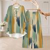 Women Plus Size Dark Blue Printed Two Piece Set Round Neck Half Sleeve High Low Top Wide Leg Pants