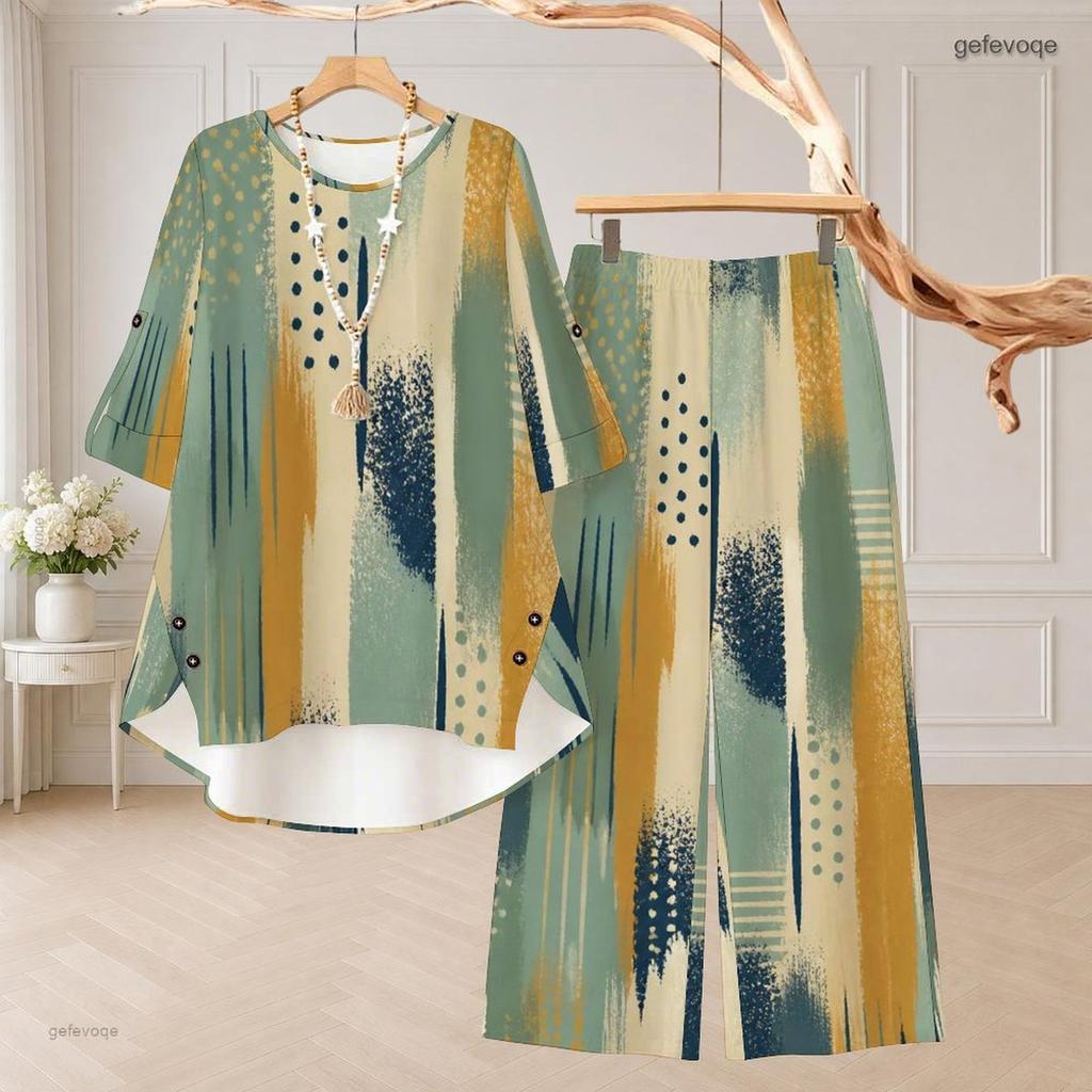Women Plus Size Dark Blue Printed Two Piece Set Round Neck Half Sleeve High Low Top Wide Leg Pants
