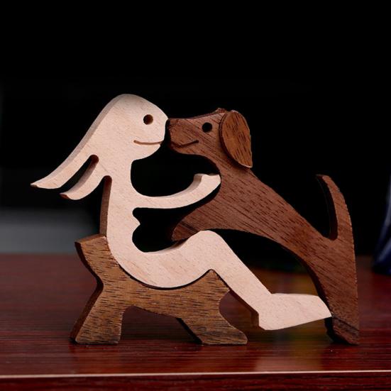 Hand Carved Wood Human And Dog Figurine Handmade Wooden Men Women Puppy Statue for Office Home Decor Decorative Sculpture for Dog Lovers