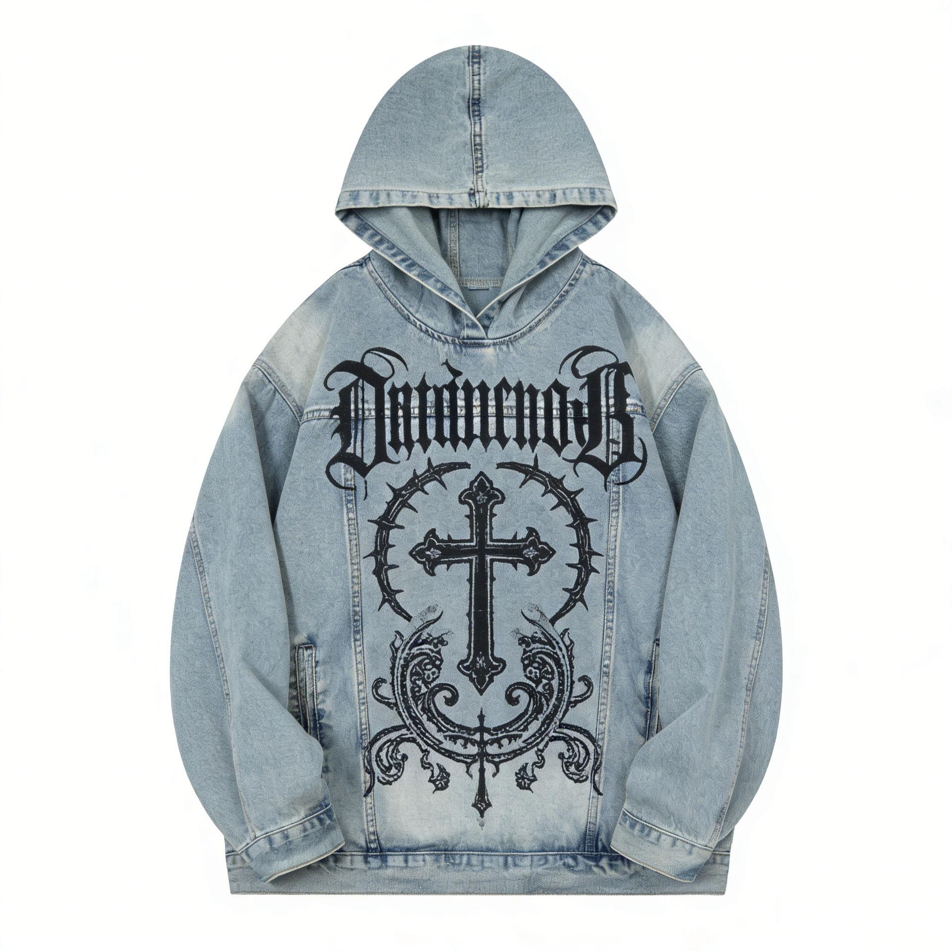 

Unisex Distressed Denim Hoodie with Gothic Cross Print 3XL светло-синий