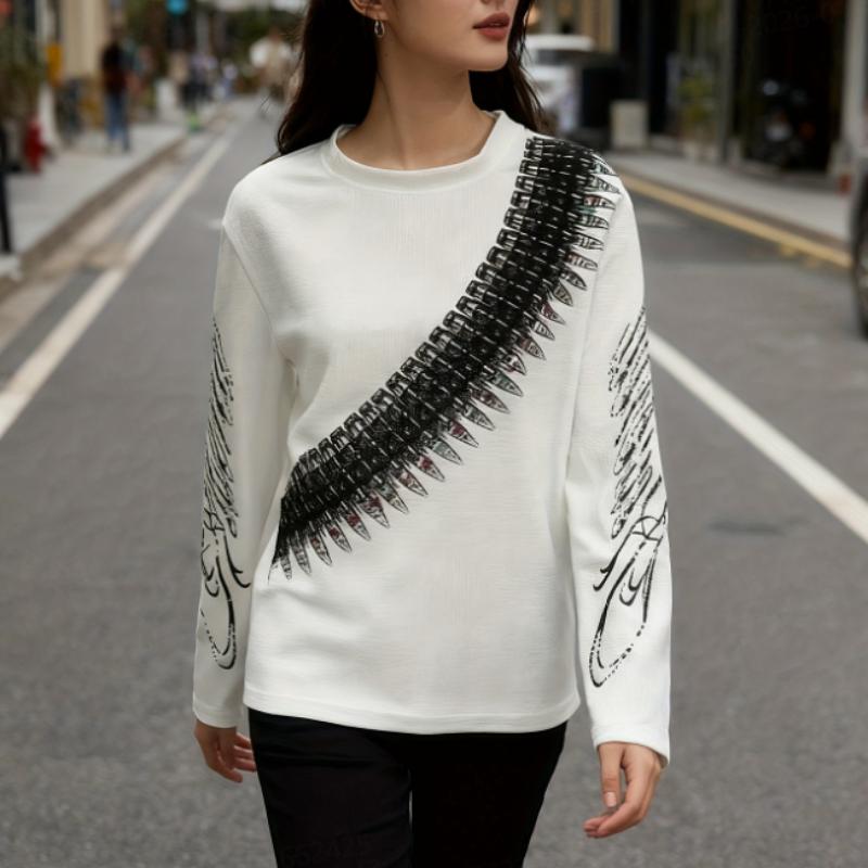 European and American Style Dark Printed Round Neck Long Sleeved Retro Street Trend Pullover Top