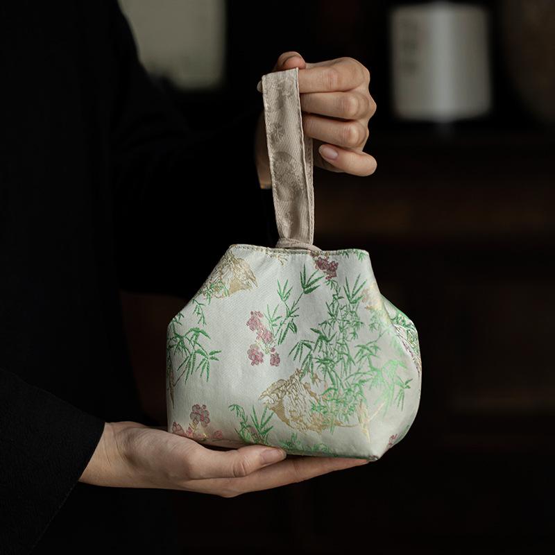 Underglaze Hand-painted Bamboo Cover Bowl Tea Set Fabric Tea Bag Kung Fu Tea Set Travel Portable Office