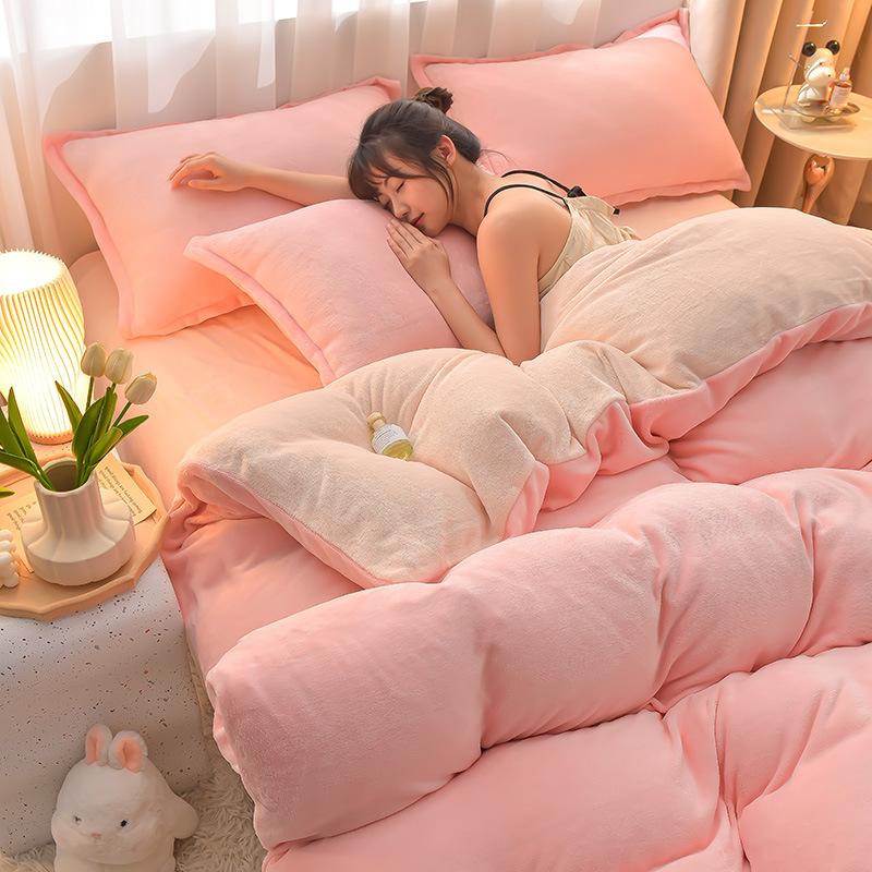 Class A Maternal Infant Grade Milk Fleece 4-Pcs Set, Warm Thickened Coral Fleece Fleece Bed Sheet, Bed Hat, Quilt Cover 3-Pcs Set