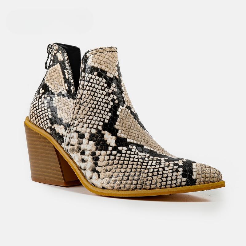 Kurze Stiefeletten mit Leopardenmuster für Damen, Frühjahr/Herbst 2024 – Neue europäisch-amerikanische Stiefeletten mit klobigem Absatz und spitzer Zehenpartie, High Heels